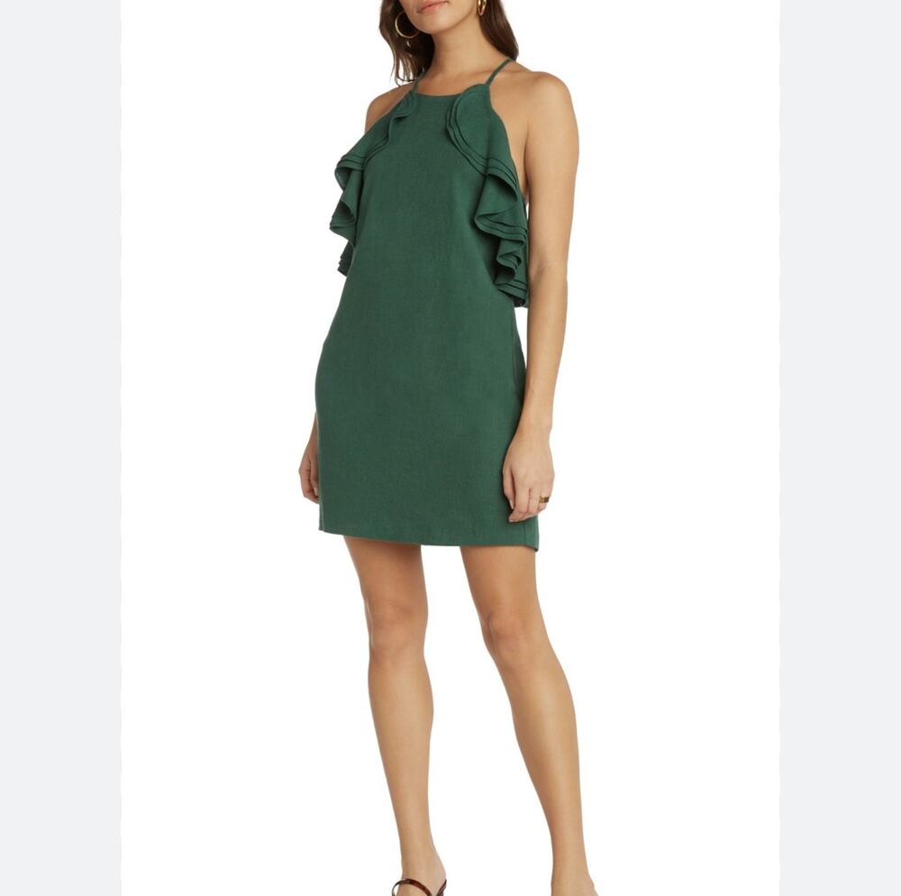 Willow Ojai Dress Ruffle Trim Sun Dress Size XS Linen Blend Green Boho Mini NWT